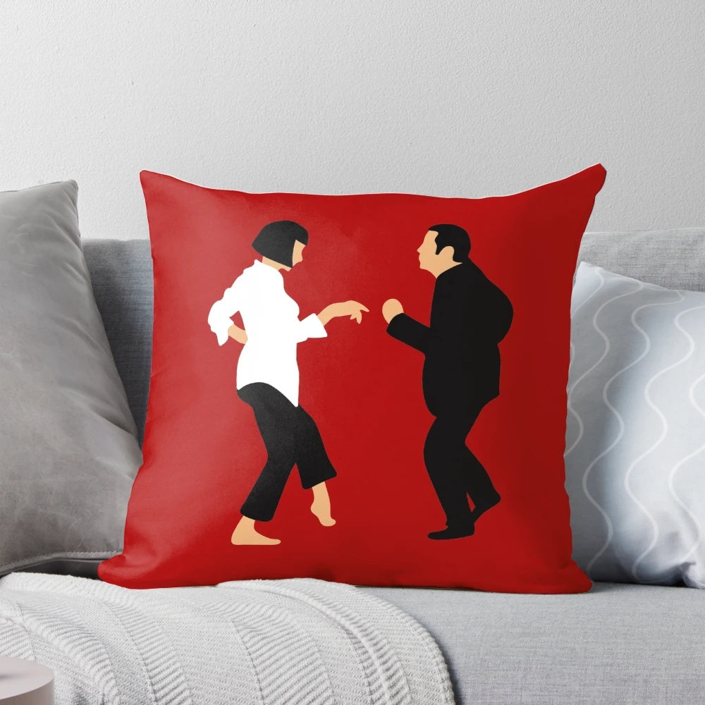 "Pulp Fiction Themed Decorative Pillow with John Travolta and Uma Thurman"