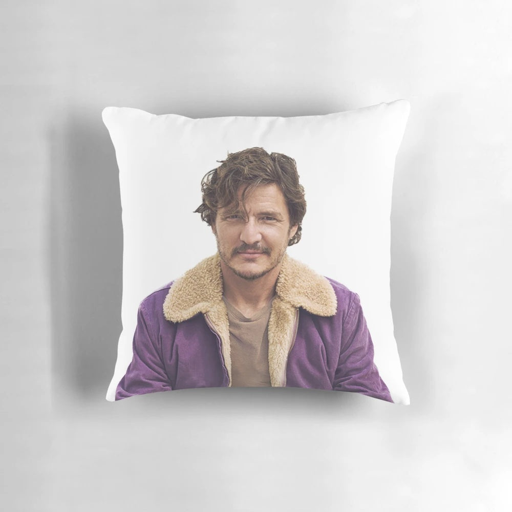Pedro Pascal wearing a striking purple coat in a fashion photoshoot