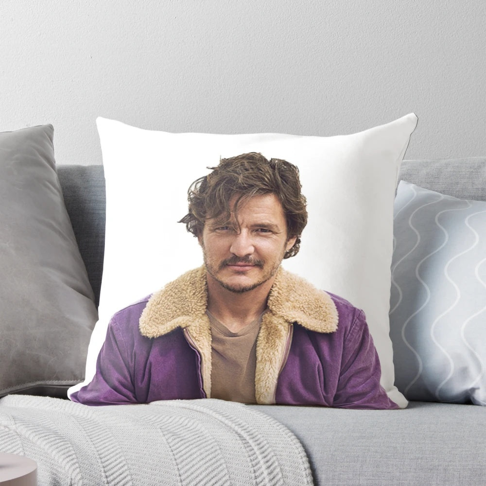 Pedro Pascal wearing a striking purple coat in a fashion photoshoot