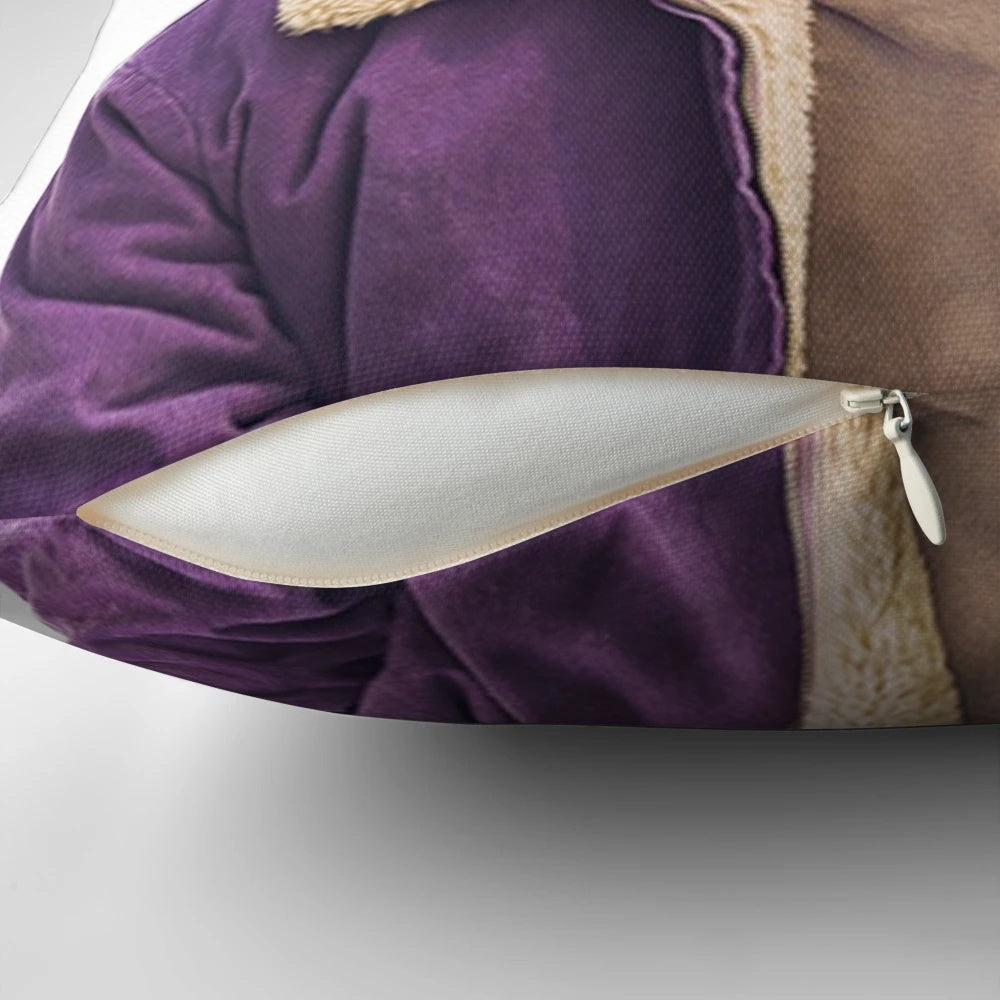 Pedro Pascal wearing a striking purple coat in a fashion photoshoot