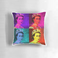 Vibrant pop art portrait of Queen Elizabeth II on a decorative pillow.