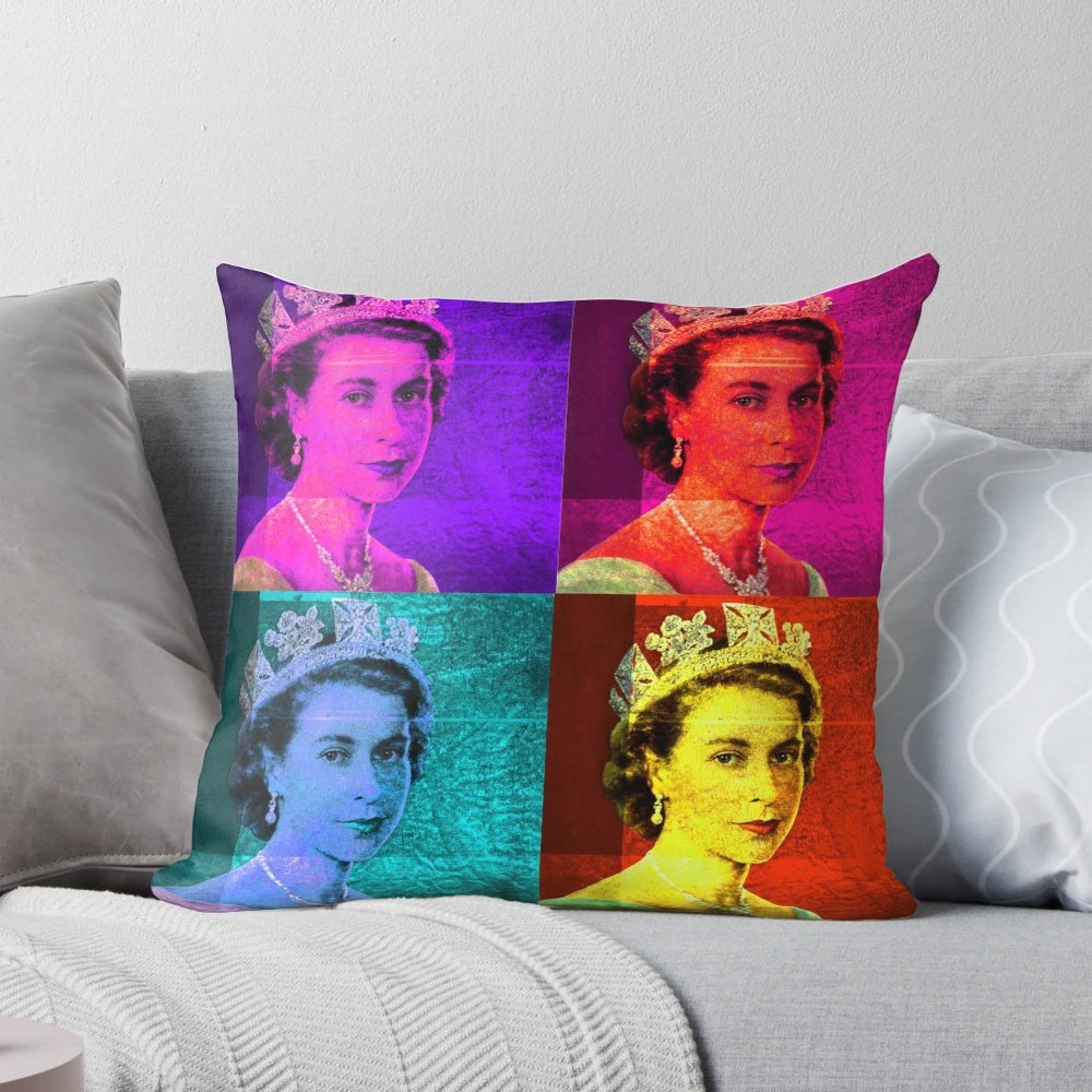 Vibrant pop art portrait of Queen Elizabeth II on a decorative pillow.