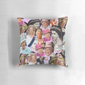 Colorful collage portrait of Queen Elizabeth II on a decorative throw pillow