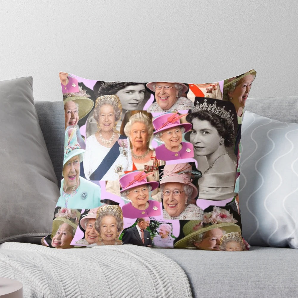 Colorful collage portrait of Queen Elizabeth II on a decorative throw pillow