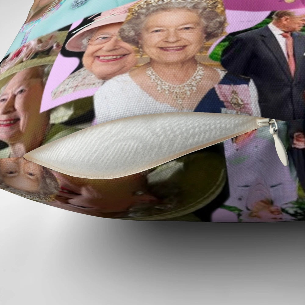 Colorful collage portrait of Queen Elizabeth II on a decorative throw pillow