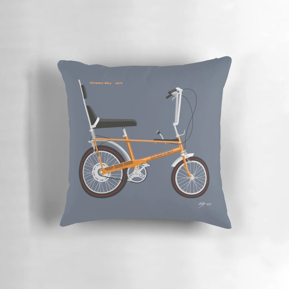 Vibrant orange Raleigh Chopper MK1 pillow with retro 70s design
