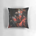 Red lion-themed decorative pillow featuring Cullen Rutherford from Dragon Age Inquisition