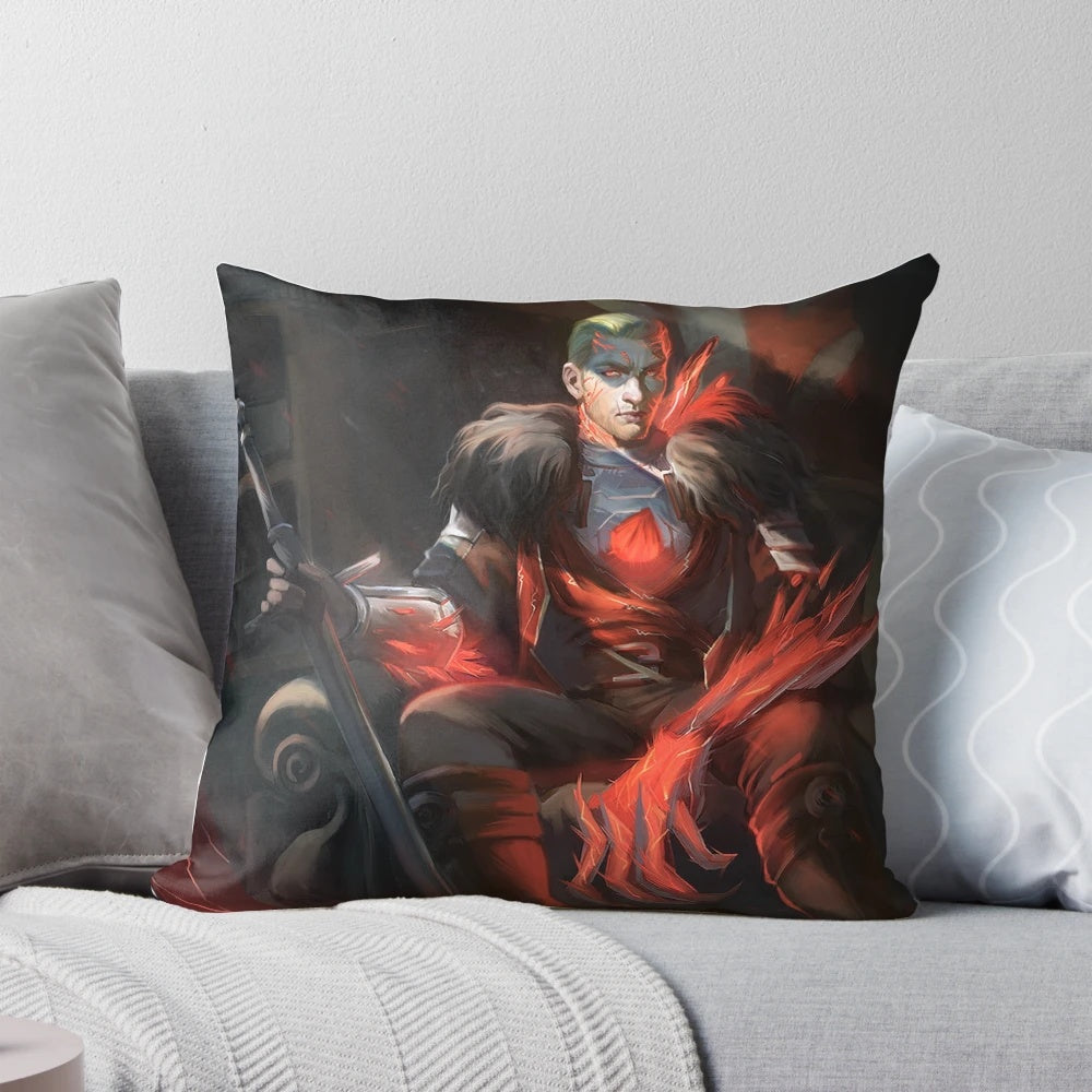 Red lion-themed decorative pillow featuring Cullen Rutherford from Dragon Age Inquisition