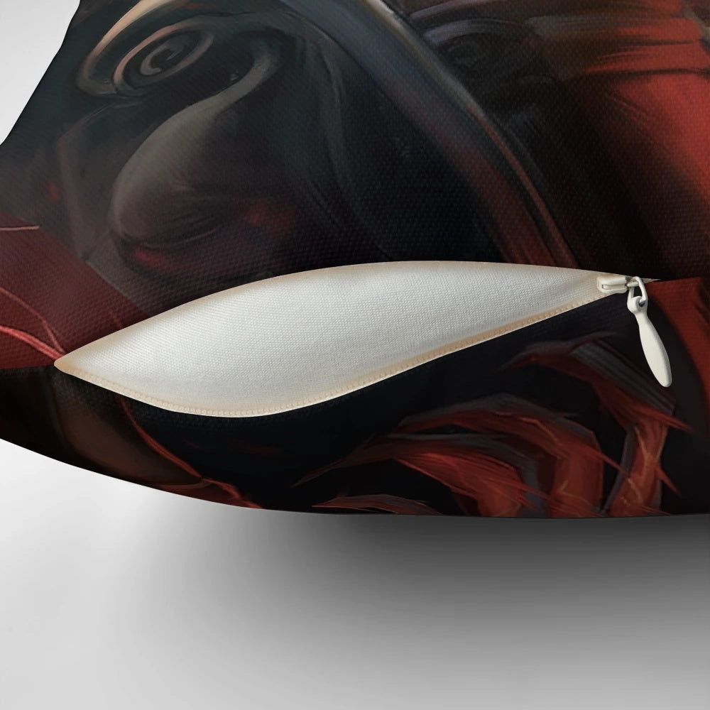 Red lion-themed decorative pillow featuring Cullen Rutherford from Dragon Age Inquisition
