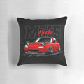 A vibrant red Mazda Miata JDM sports car pillow with a vaporwave, synthwave, and retrowave-inspired design.