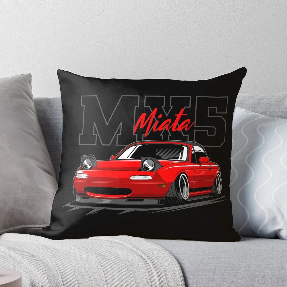 A vibrant red Mazda Miata JDM sports car pillow with a vaporwave, synthwave, and retrowave-inspired design.