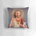 A decorative pillow featuring a religious-themed pop art illustration of actor Nicolas Cage.