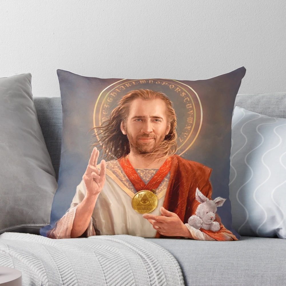 A decorative pillow featuring a religious-themed pop art illustration of actor Nicolas Cage.