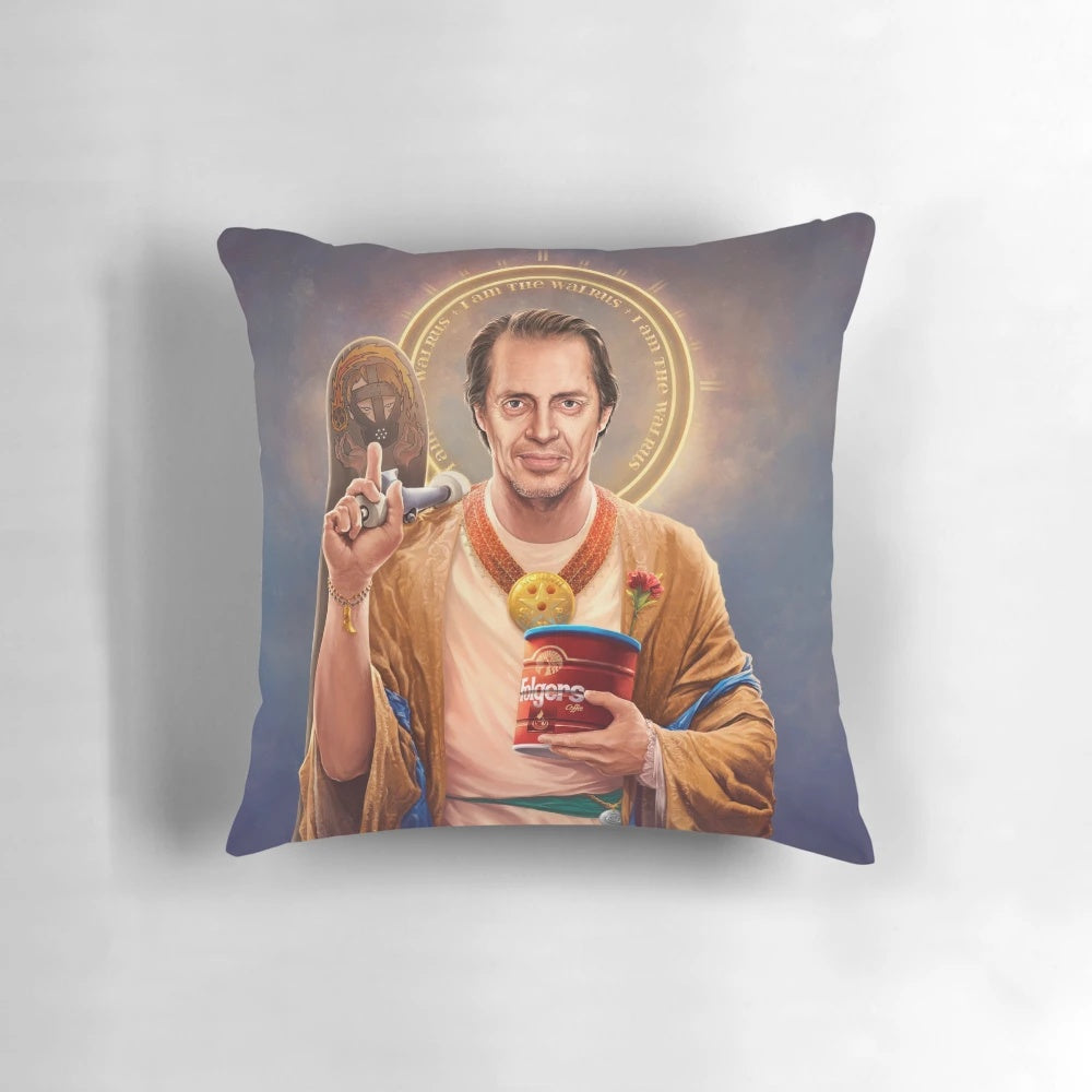 Pillow featuring a religious-inspired painting of actor Steve Buscemi, a pop culture icon.