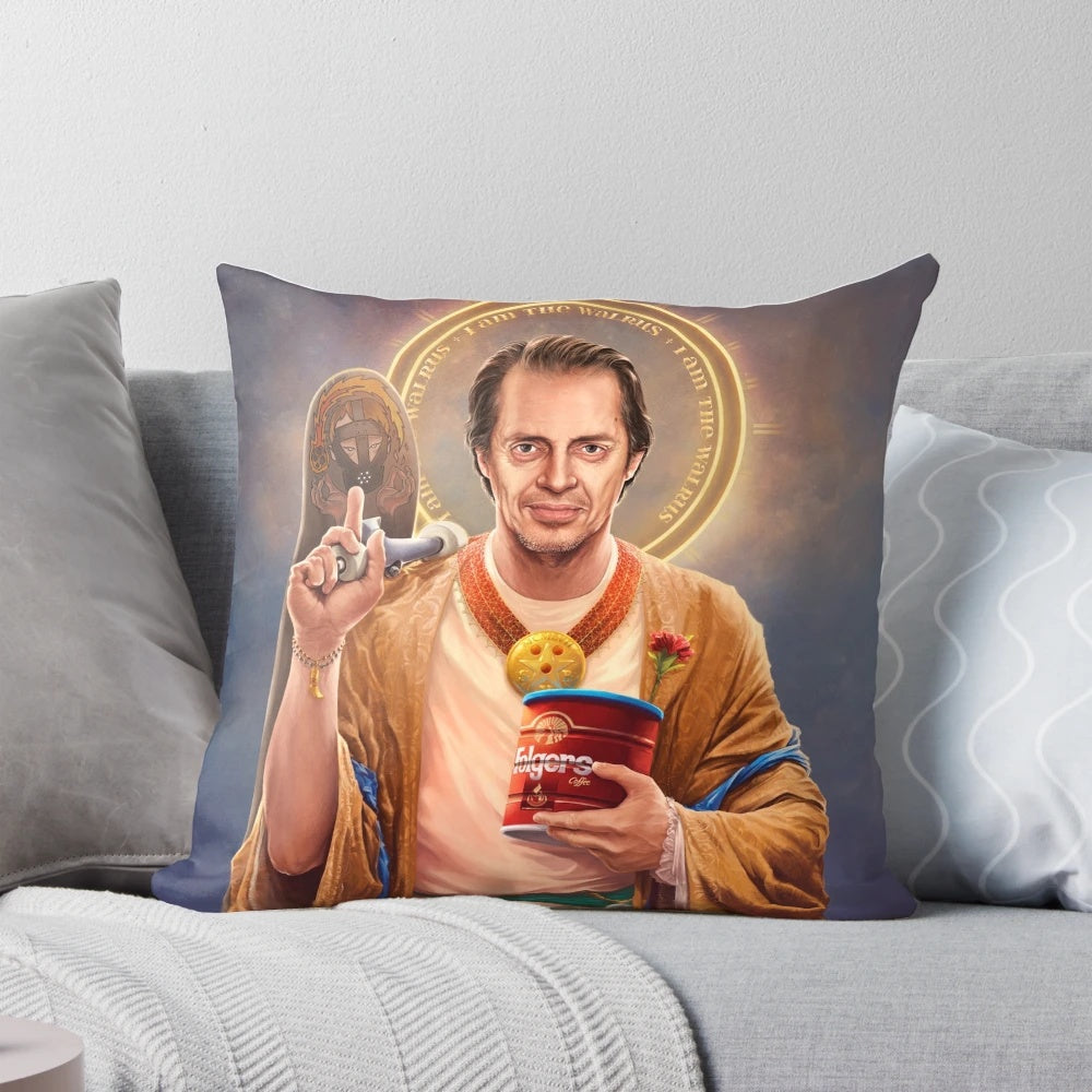 Pillow featuring a religious-inspired painting of actor Steve Buscemi, a pop culture icon.