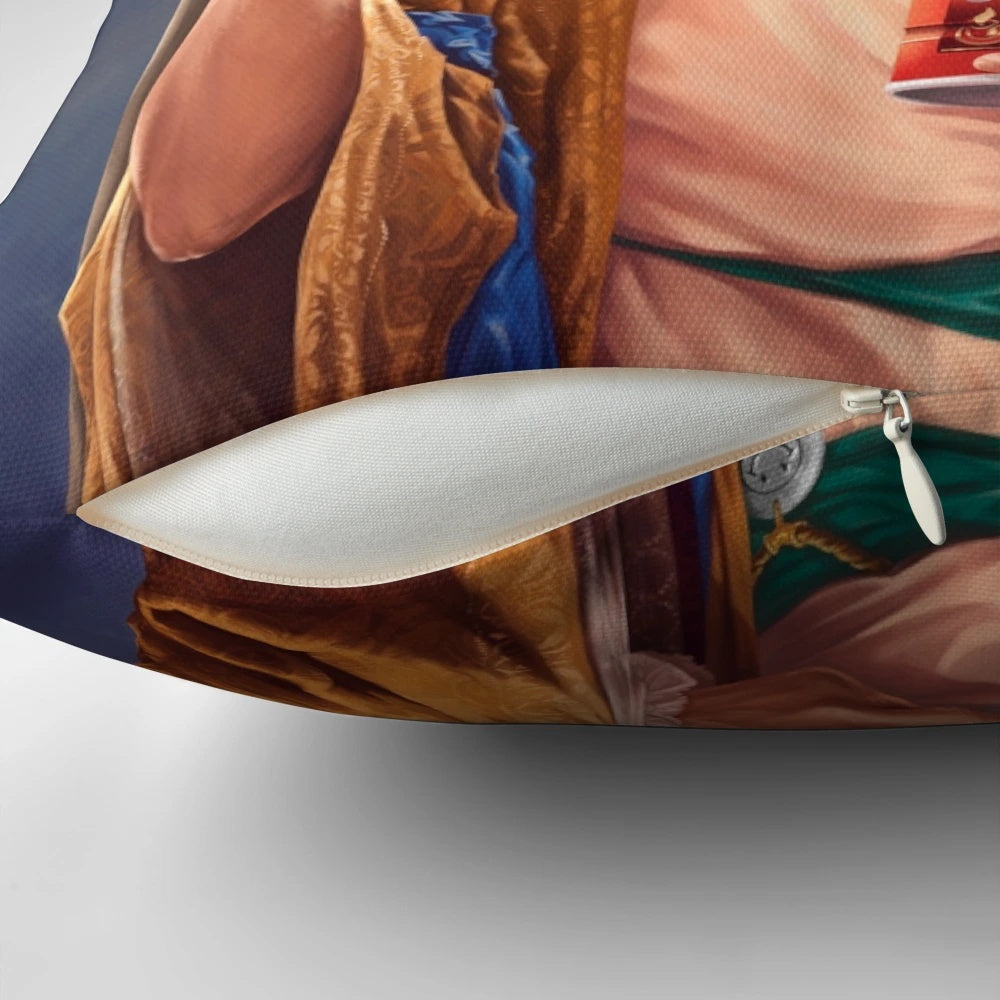 Pillow featuring a religious-inspired painting of actor Steve Buscemi, a pop culture icon.
