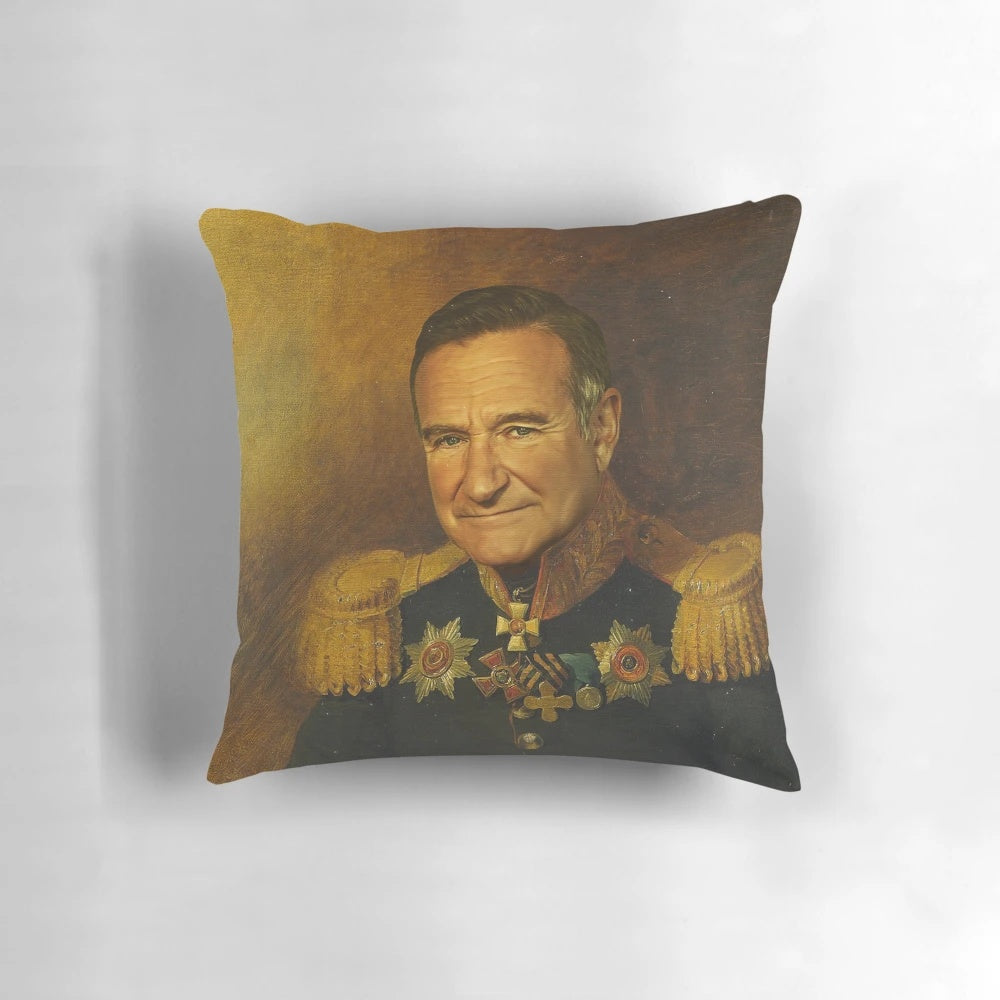 Vibrant portrait pillow featuring a whimsical Photoshop-style face swap of comedian Robin Williams