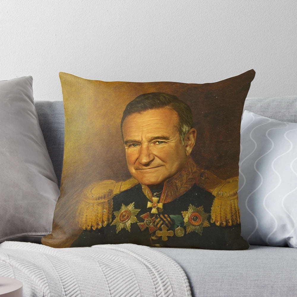 Vibrant portrait pillow featuring a whimsical Photoshop-style face swap of comedian Robin Williams