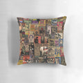Vibrant rock and roll-themed pillow featuring legendary musicians and music from the 1950s to 1980s