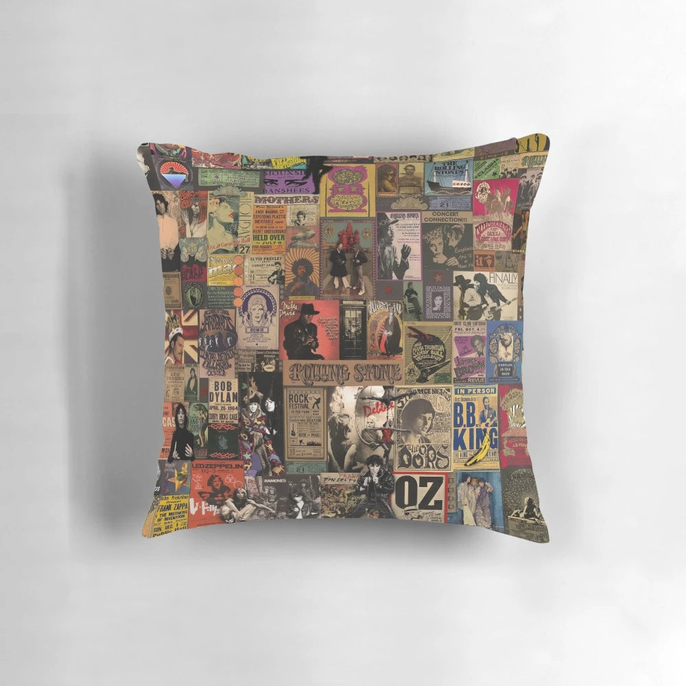 Vibrant rock and roll-themed pillow featuring legendary musicians and music from the 1950s to 1980s