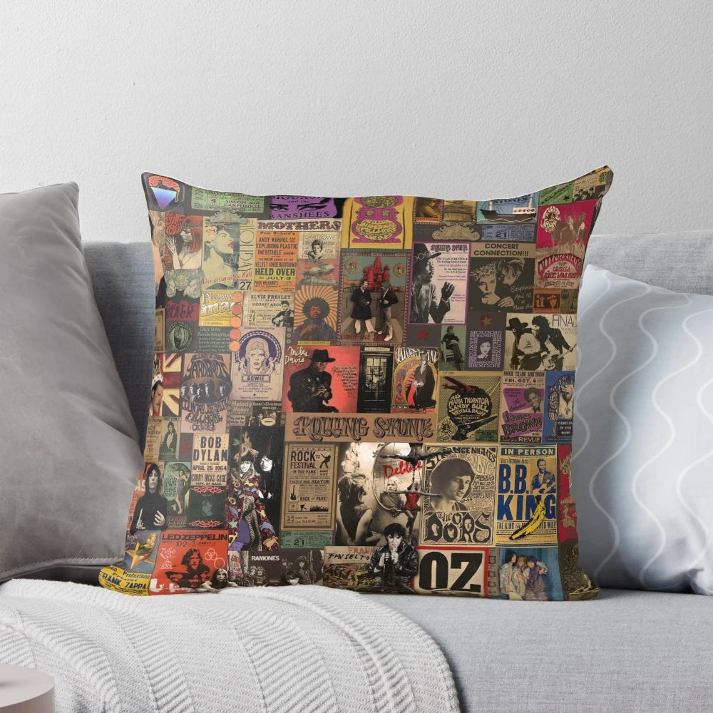 Vibrant rock and roll-themed pillow featuring legendary musicians and music from the 1950s to 1980s
