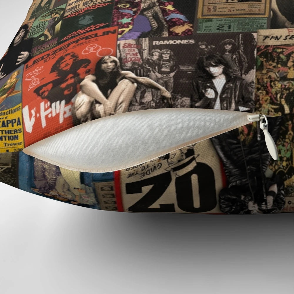 Vibrant rock and roll-themed pillow featuring legendary musicians and music from the 1950s to 1980s