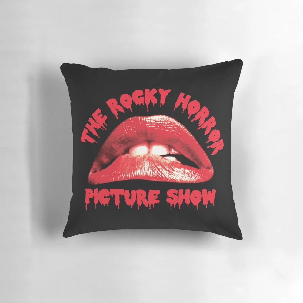 Rocky Horror Picture Show themed throw pillow featuring iconic lips and "Damn it Janet!" phrase