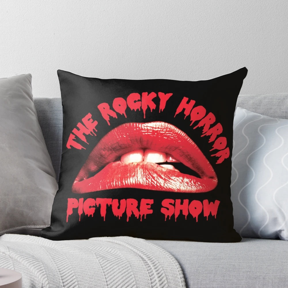 Rocky Horror Picture Show themed throw pillow featuring iconic lips and "Damn it Janet!" phrase