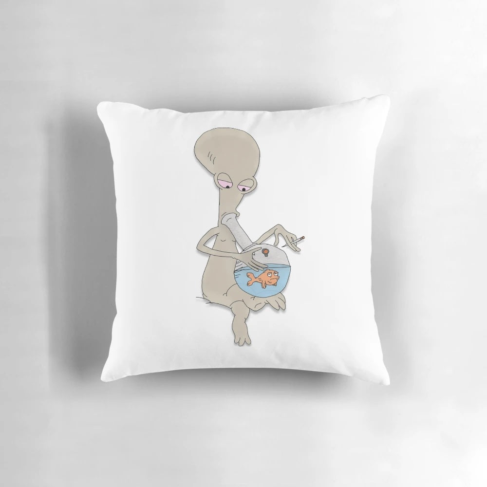 Pillow featuring a design of the character Roger the Alien from American Dad smoking marijuana