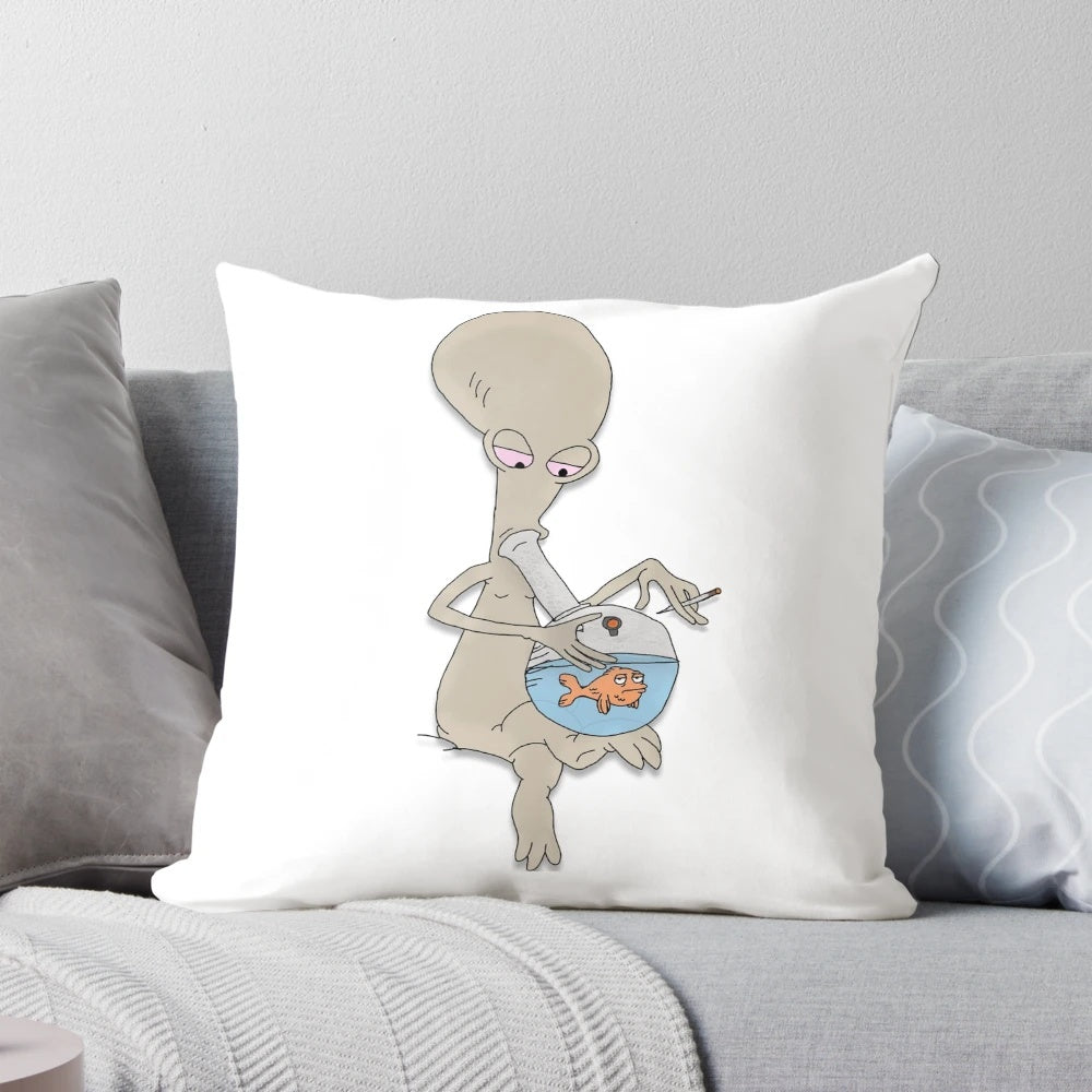Pillow featuring a design of the character Roger the Alien from American Dad smoking marijuana