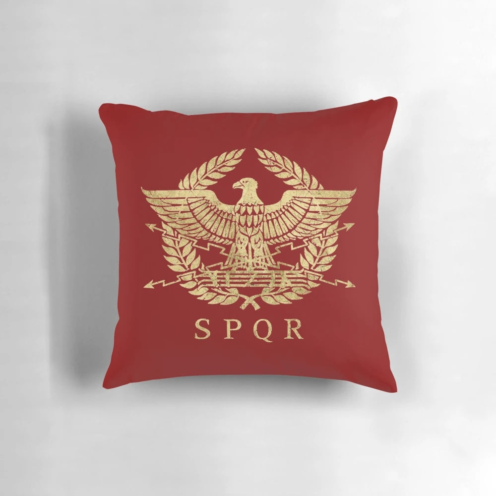 Decorative throw pillow featuring the iconic emblem of the Roman Empire, perfect for history and ancient Rome enthusiasts.
