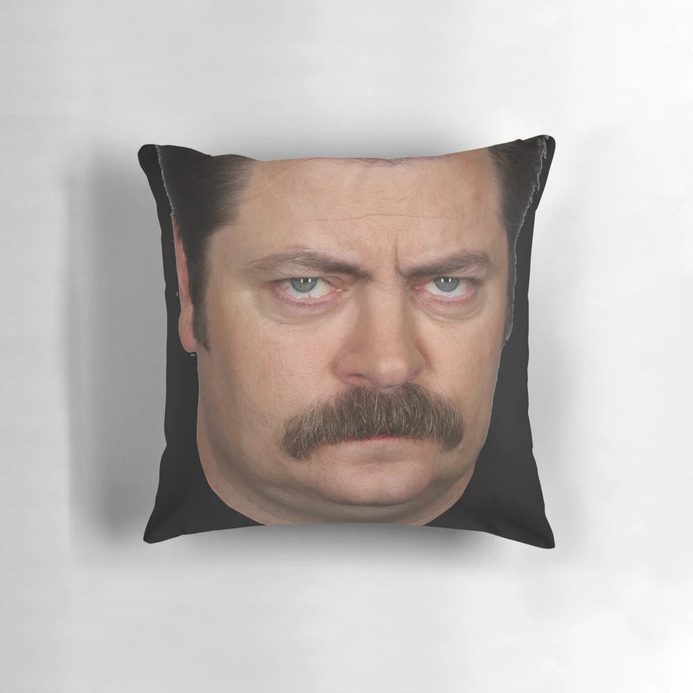 Ron Swanson, the beloved character from the TV series 'Parks and Recreation', featured on a soft, comfortable pillow.