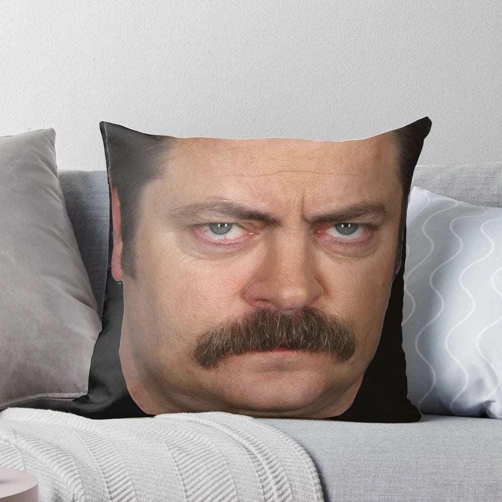 Ron Swanson, the beloved character from the TV series 'Parks and Recreation', featured on a soft, comfortable pillow.