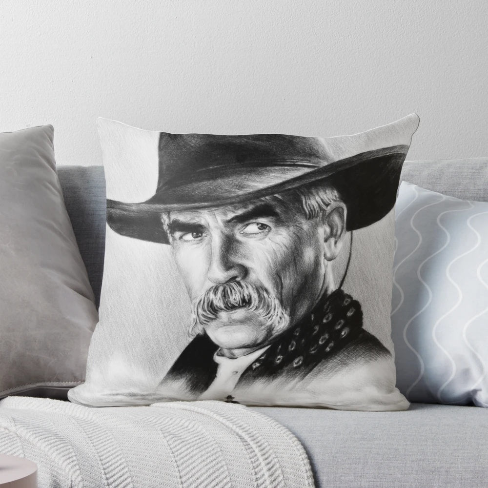 Black and white graphite sketch portrait of famous western actor Sam Elliot in his iconic 'Lone Rider' pose