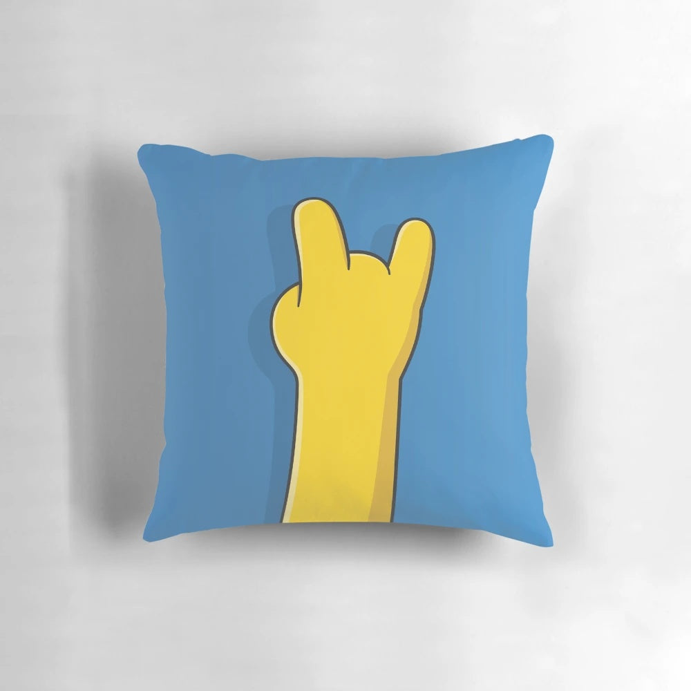 A plush, hand-shaped pillow featuring the iconic Simpson rock design from the beloved cartoon series, The Simpsons.