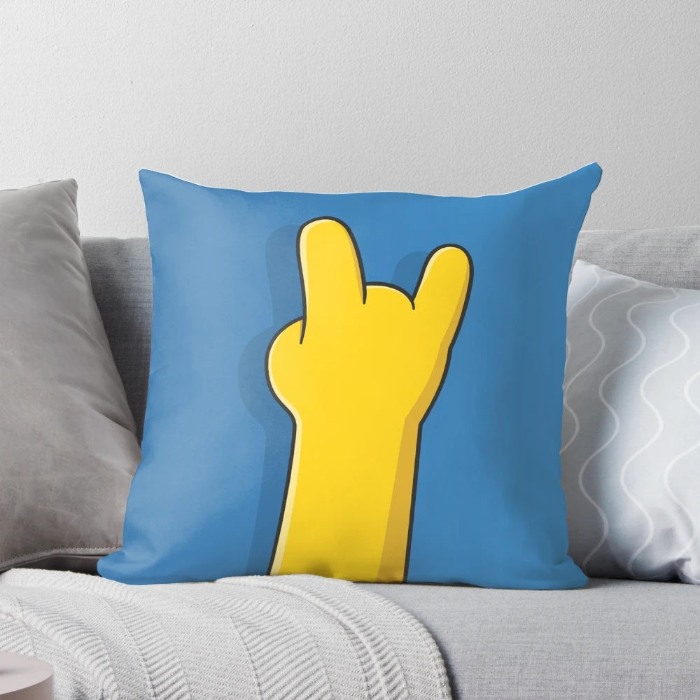 A plush, hand-shaped pillow featuring the iconic Simpson rock design from the beloved cartoon series, The Simpsons.