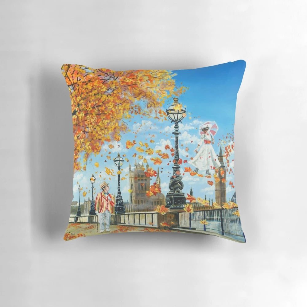 A vibrant, high-quality pillow featuring the iconic "Supercalifragilisticexpialidocious" artwork from the Mary Poppins movie.