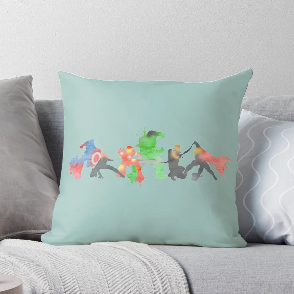 Colorful superhero pillow featuring iconic characters from the Marvel Avengers movie franchise