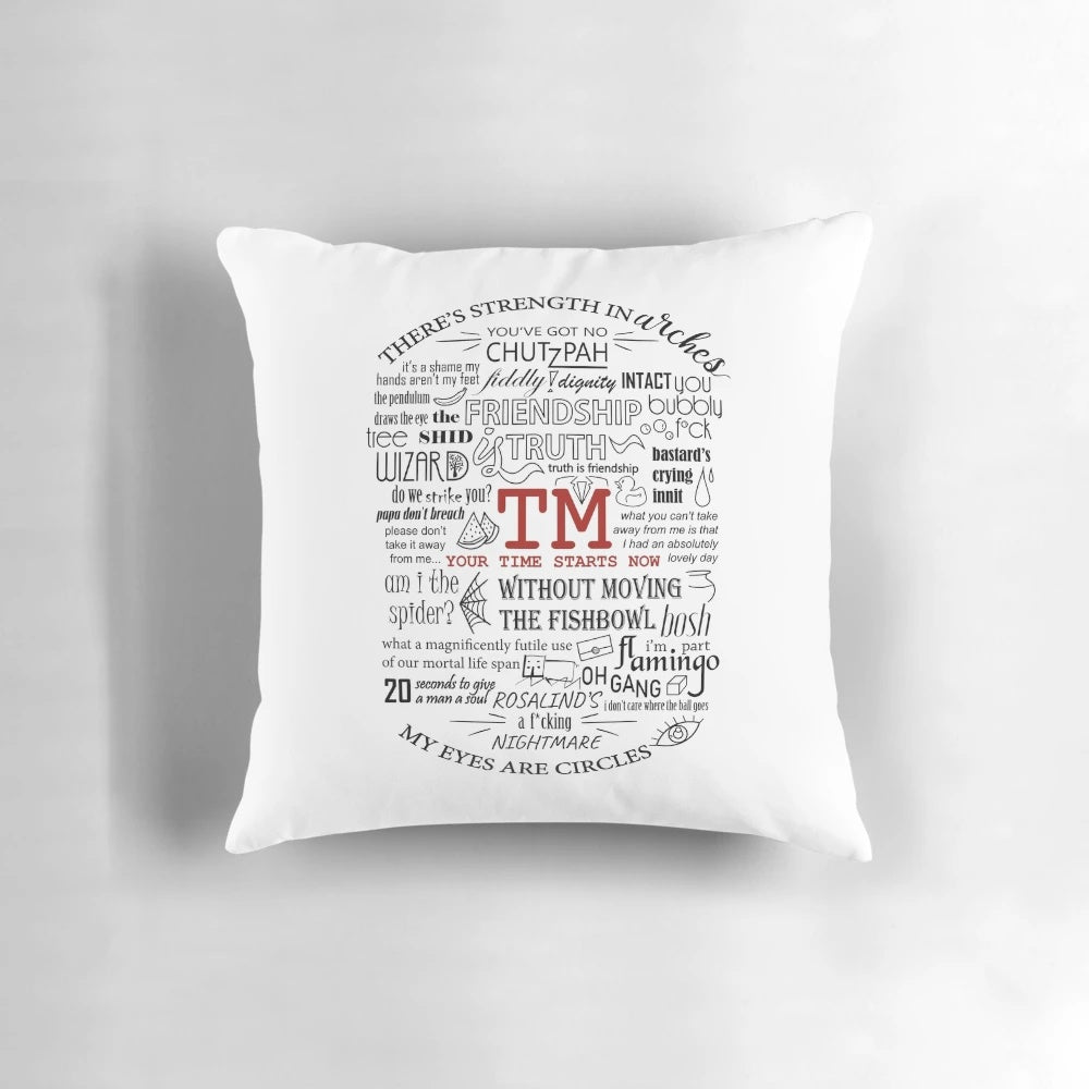 Taskmaster quotes throw pillow with iconic phrases and doodle designs