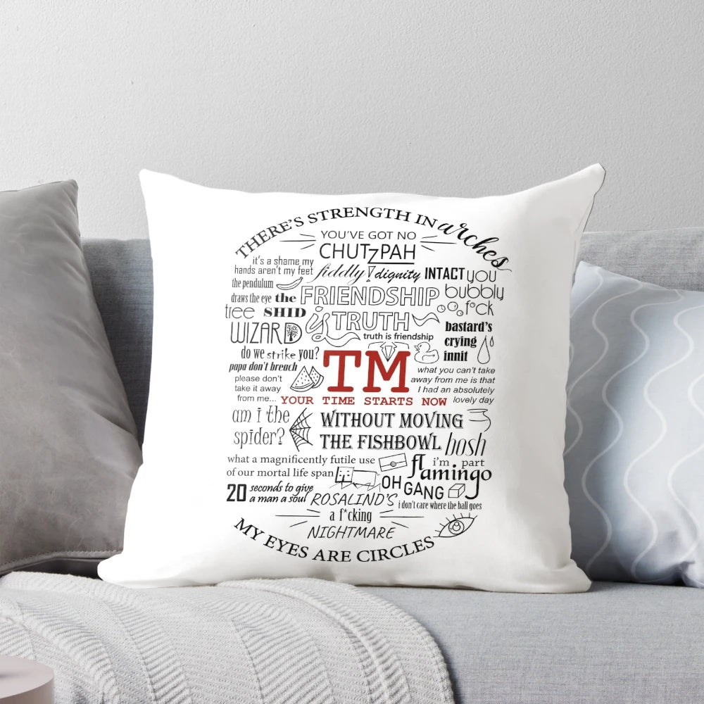 Taskmaster quotes throw pillow with iconic phrases and doodle designs