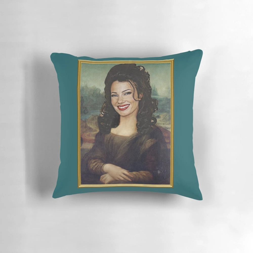 The Nanny Mona Lisa-inspired pillow featuring Fran Drescher's character Fran Fine in a classic art style