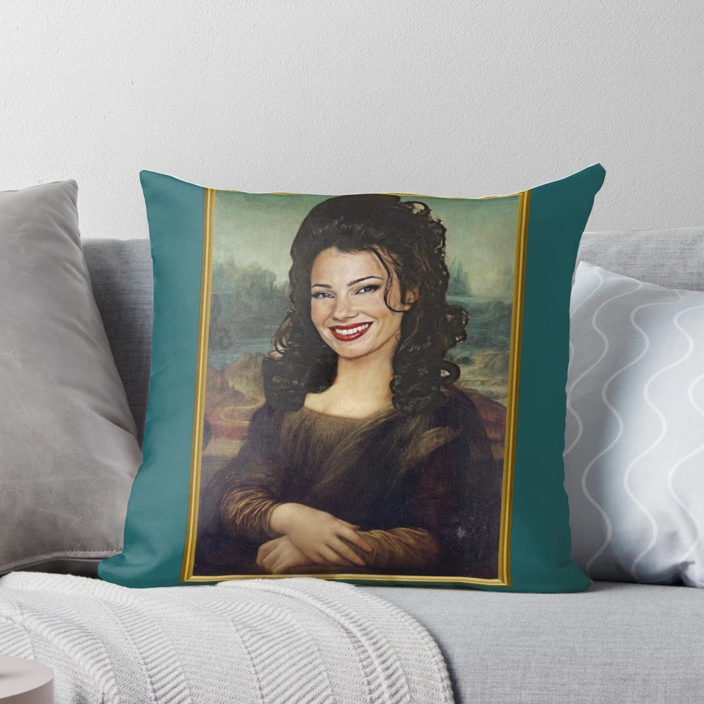 The Nanny Mona Lisa-inspired pillow featuring Fran Drescher's character Fran Fine in a classic art style