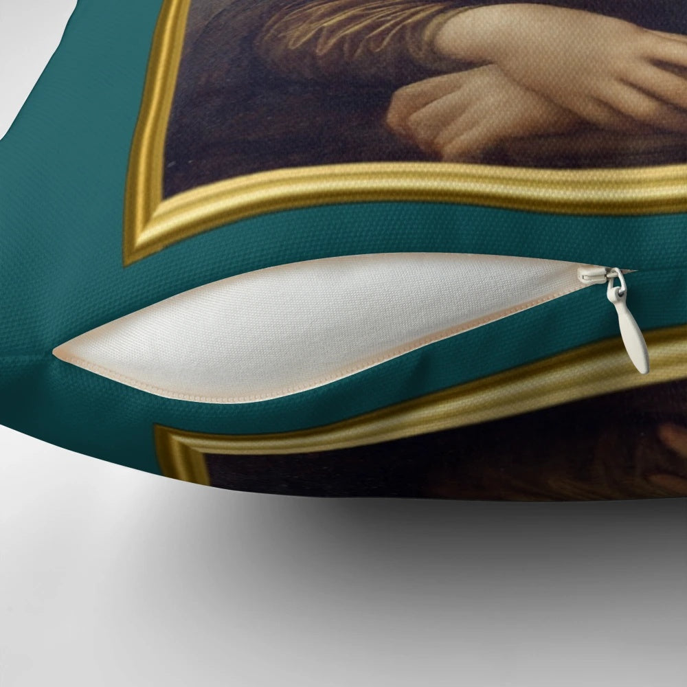 The Nanny Mona Lisa-inspired pillow featuring Fran Drescher's character Fran Fine in a classic art style