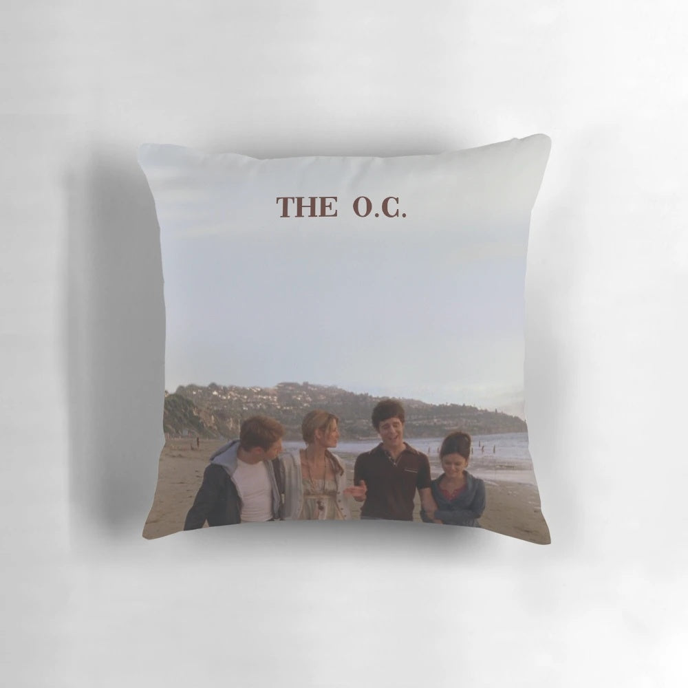 Retro "The O.C." TV series poster pillow featuring the main characters Ryan Atwood, Seth Cohen, Marissa Cooper, and Summer Roberts.