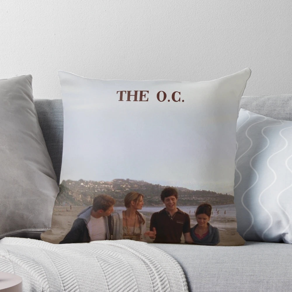Retro "The O.C." TV series poster pillow featuring the main characters Ryan Atwood, Seth Cohen, Marissa Cooper, and Summer Roberts.