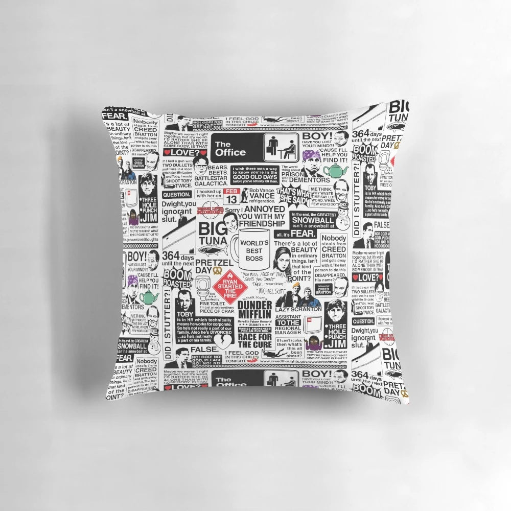 The Office Quotes Decorative Throw Pillow featuring iconic characters and quotes from the popular TV show