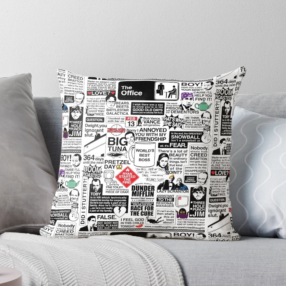 The Office Quotes Decorative Throw Pillow featuring iconic characters and quotes from the popular TV show