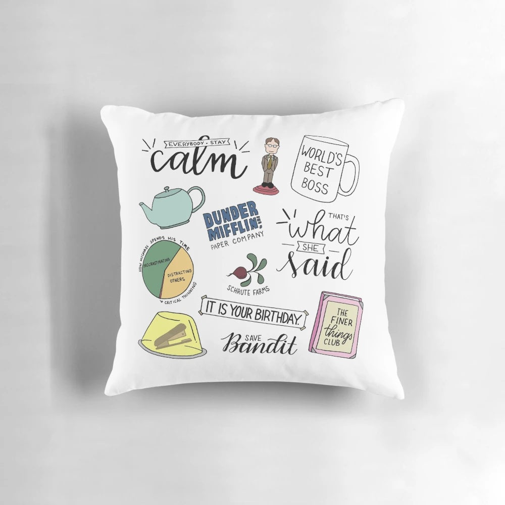 The Office TV Show Art Pillow featuring the Dunder Mifflin logo and characters