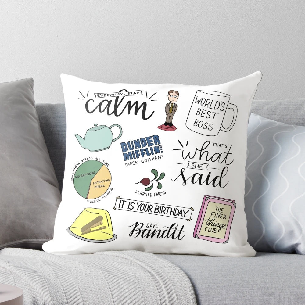The Office TV Show Art Pillow featuring the Dunder Mifflin logo and characters
