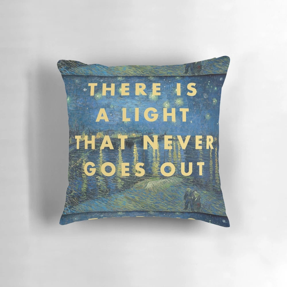 Pillow featuring Van Gogh's 'The Starry Night' and lyrics from The Smiths' song 'There Is a Light That Never Goes Out'